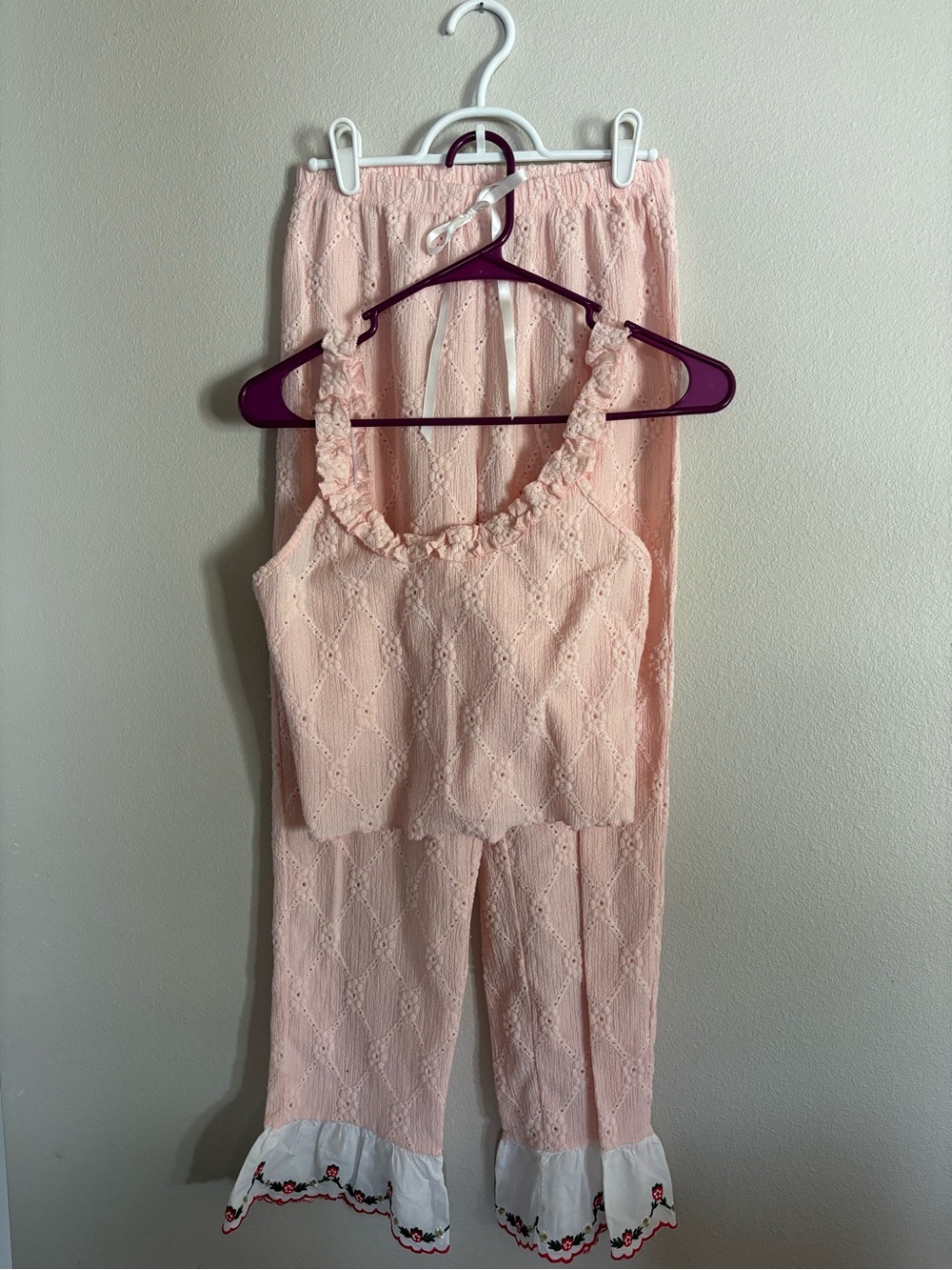 Amazon Women's Peach Eyelet Pajama Set with Ruffle Straps and Embroidered Cuffs